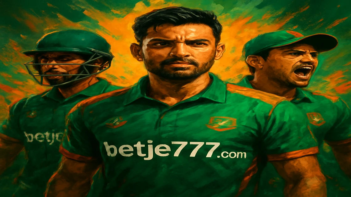 বাংলাদেশ ক্রিকেট দল মাঠে ক্রিয়াশীল অবস্থায়, স্ক্রিনে je777 গেমিং তথ্য ও লাইভ ম্যাচ পরিসংখ্যান প্রদর্শিত হচ্ছে।