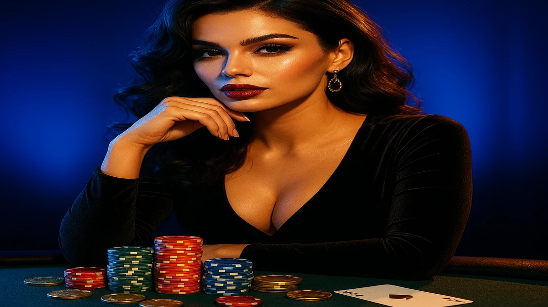 je777 লাইভ গেমিং-এ একটি সুন্দর উপস্থাপক একটি গেম টেবিল সেটআপে আপনাকে ১০০% স্বাগতম বোনাসসহ খেলার আমন্ত্রণ জানান, চারদিকে চিপস ও ভাসমান সোনা-চিপে ঘেরা।